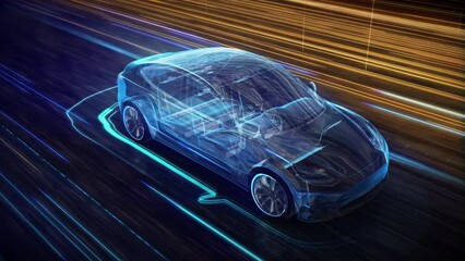 3D Electric Car Driving on High Speed, Racing Through a Colorful Tunnel.  Transparent  chassis showing its interior. VFX Animation. Electromobility.