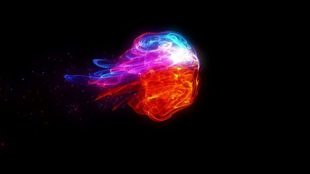 Jellyfish swimming, Colorful red blue glittering particles flow smooth ink swirling in water. Transparent isolated background, 3D Rendering.