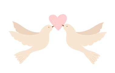 Two doves with heart. Love celebrate, romantic relationship, couple lovely moment vector illustration