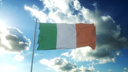 Flag of Ireland waving at wind against beautiful blue sky. 3d illustration