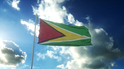 Flag of Guyana waving at wind against beautiful blue sky. 3d illustration