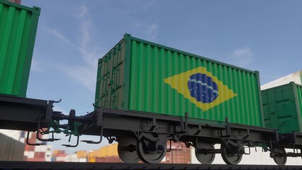 Containers with the flag of Brazil. Railway transportation. 3d illustration