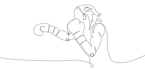Woman boxer, boxing gloves, hit one line art. Continuous line drawing protective mask, protection, boxing, fight, athletes, battle, girl, power, sport, boxing ring.