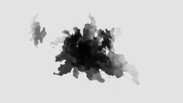 A black ink spot appears on a white background. ink splatter compositing, watercolor transition, ink wet brush stroke, fluid art background, overlay, alpha matte composition.	
