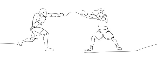 Boxers fight one line art. Continuous line drawing boxing, protective mask, boxing gloves, fight, athletes, battle, man, competition, sport, boxing ring.