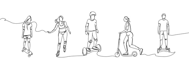 Fototapeta na wymiar People ride on a skateboard, roller skates, scooter, gyro, hoverboard set one line art. Continuous line drawing sport, leisure, teenager, street culture, urban, extreme, youth man, stadium.