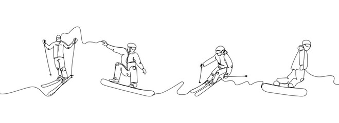 Fototapeta na wymiar Human riding a snowboard and skiing one line art. Continuous line drawing sport, winter sports, tricks, snowboarding, competition, extreme, skis, ski poles, slide down the mountain, man, woman, hobby.