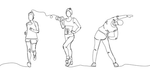 Fototapeta na wymiar Fitness girls, training set one line art. Continuous line drawing sports, fitness, pilates, athletics, strength, athletic, stretching lateral muscles, side to side tilts ,running, woman, gym, workout.