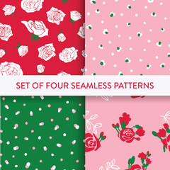 Trendy pattern set with rosebud, polka dot, drop in red, pink, white, green colors. Vector illustration. Pattern collection for print, wallpaper, textile, fashion, gift wrap, wrapping paper.