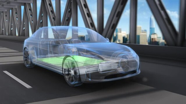 Modern Generic Electric Car Drives on Tunnel Bridge. Realistic 3D Animation of Moving Vehicle on Highway. City Background. Transparent Chassis Showing its Interior, Batteries and Electric Engine. 