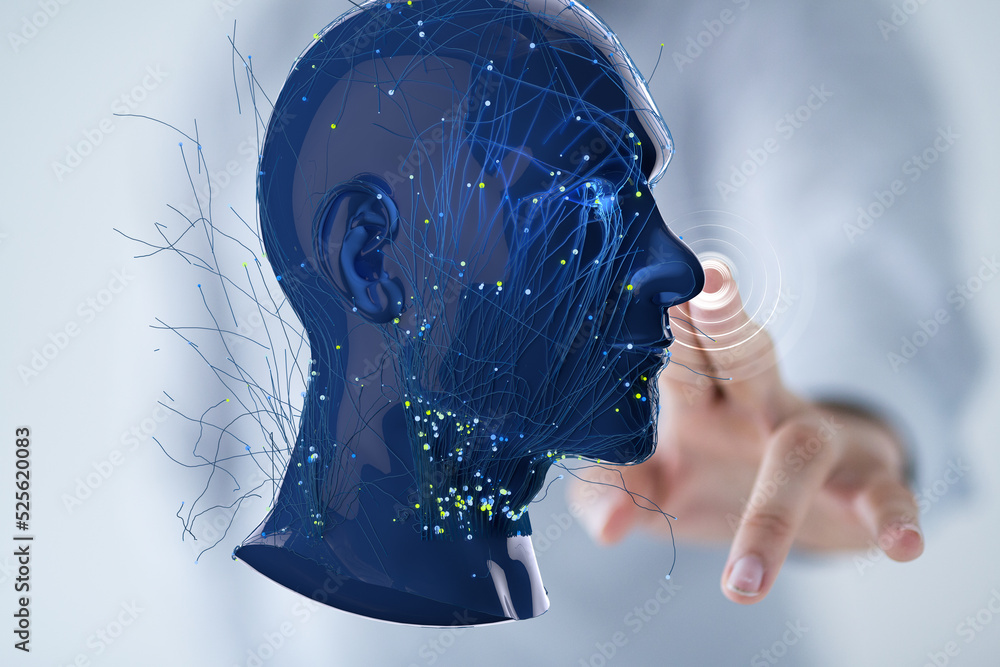 Poster Global network. Blockchain. 3D illustration. Neural networks and artificial intelligence. Abstract