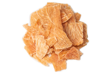 Group of tasty beer snacks. Dehydrated chicken meat slices.