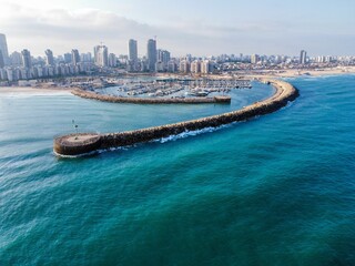 Beautiful view of the Ashdod Marina and a city with skyscrapers