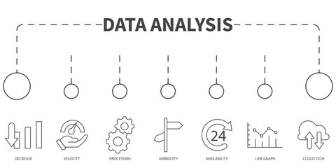 Data analysis Vector Illustration concept. Banner with icons and keywords . Data analysis symbol vector elements for infographic web