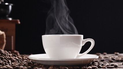 Hot Coffee Cup Concept. Close-up white coffee cup, mug with beautiful steaming smoke, classic vintage coffee grinder espresso manual, beans, burlap on on old wooden table dark, black background. Hot D