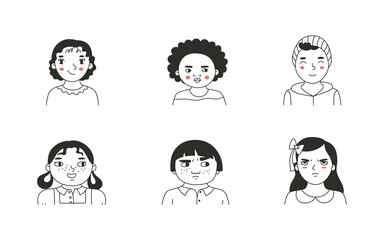Set of faces of different children, human avatars collection.
