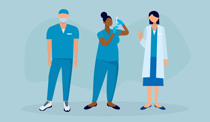 A medical team of three stands with different accessories for doctors