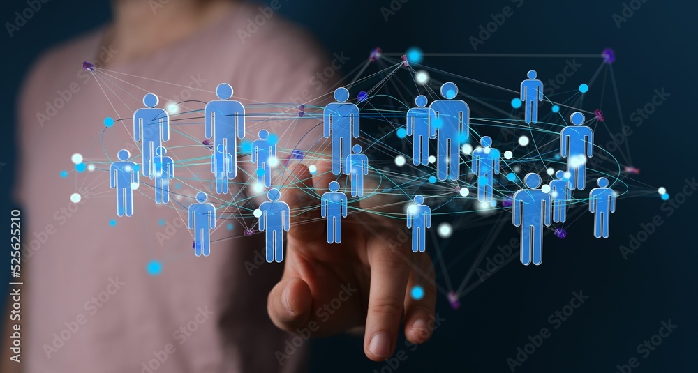 Poster man pointing to 3d rendered web illustration