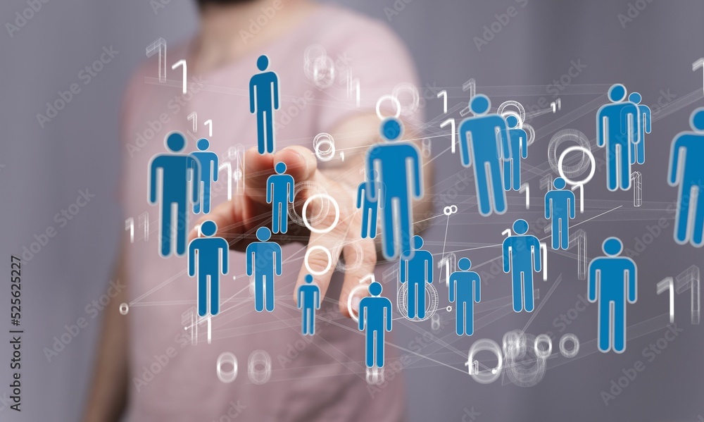 Poster man pointing to 3d rendered web illustration