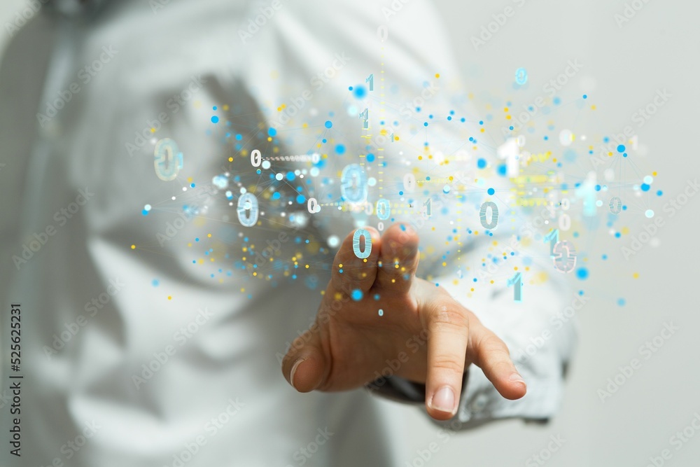 Poster Man pointing to 3d rendered numbers illustration