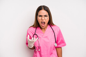 hispanic pretty woman looking angry, annoyed and frustrated. medicine student concept