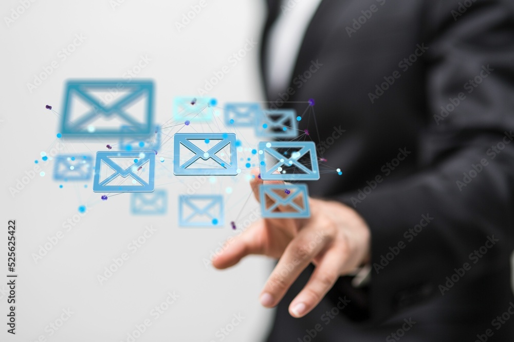 Poster man tapping floating 3d rendered black mail icons