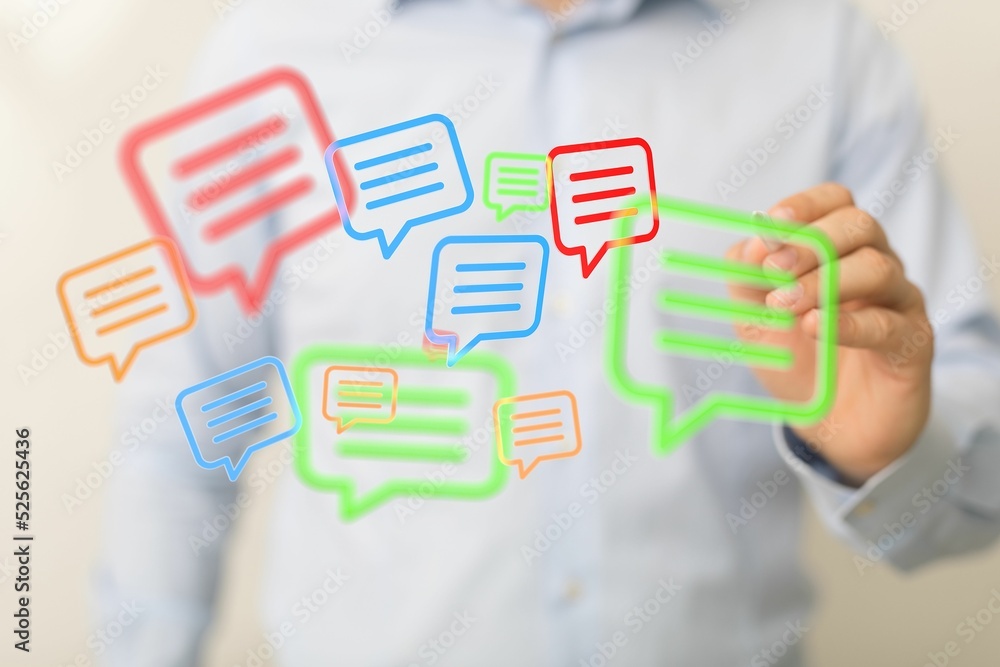Poster man tapping a floating 3d rendered colorful message icons