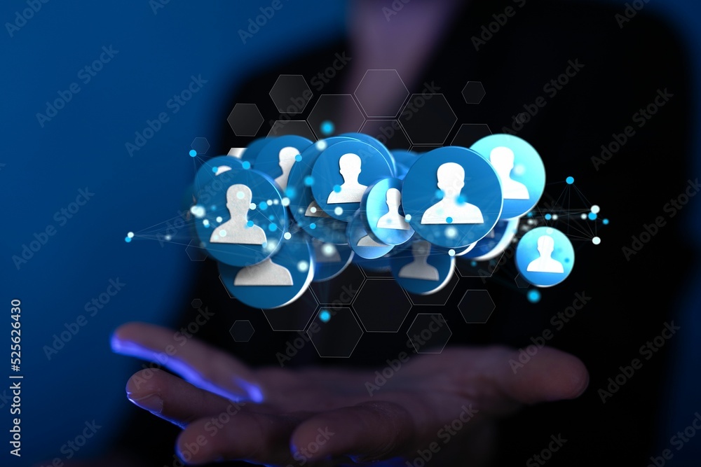 Poster grid of friends icons in circles floating on a man's hand - concept of connection and communication