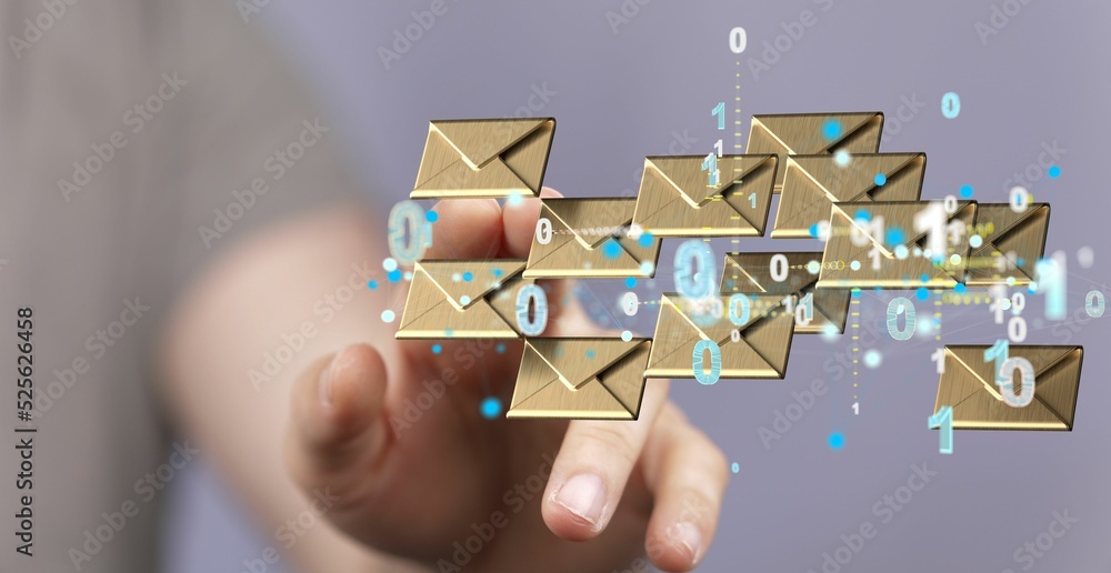 Poster man's hand touching a grid of golden email icons and mathematical symbols