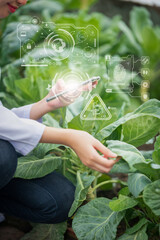 Portrait of Man and Woman agricultural researcher holding tablet while working on research at plantation in industrial greenhouse