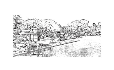 Building view with landmark of Novigrad is a free city within Redania. Hand drawn sketch illustration in vector.