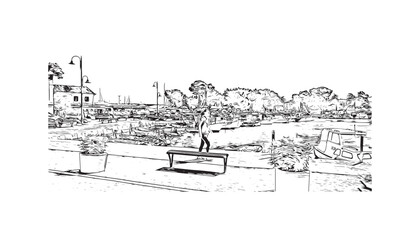 Obraz premium Building view with landmark of Novigrad is a free city within Redania. Hand drawn sketch illustration in vector.
