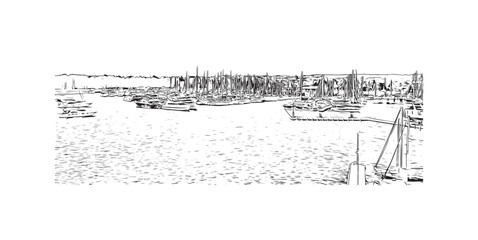 Obraz premium Building view with landmark of Novigrad is a free city within Redania. Hand drawn sketch illustration in vector.