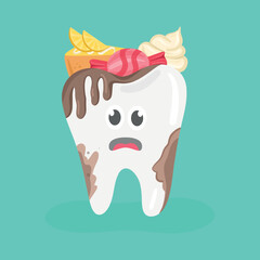 Cute tooth characters feel bad in flat style. unhealthy teeth plaque and caries holes with colorful candy. Illustration for children. dental and dentistry concept.