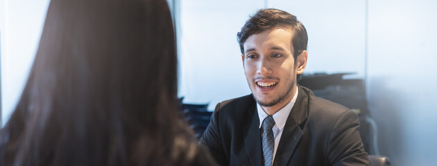 HR manager interviewing female candidate applicant who recruit job in the office.