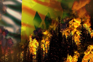 Big forest fire fight concept, natural disaster - flaming fire in the trees on Saint Vincent and the Grenadines flag background - 3D illustration of nature