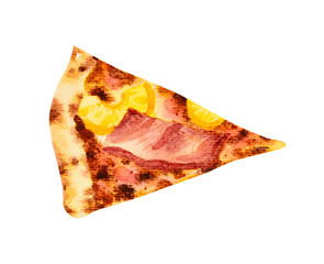 Pizza parma ham with pineapple slice. Hand drawn watercolor.