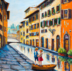 Boy and girl lovers in Venice, Italy. Oil painting art in big size