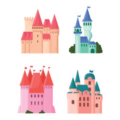 A set of fairy castles for princesses in the flat style.