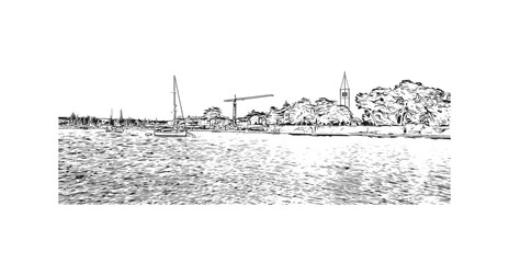 Building view with landmark of Novigrad is a free city within Redania. Hand drawn sketch illustration in vector.