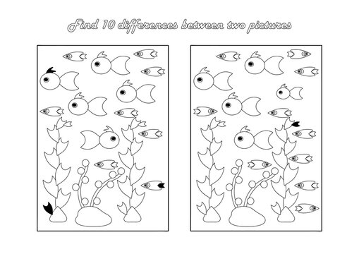 Find 10 differences. Educational game for children. Underwater sea world. Cartoon vector illustration.