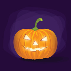 Halloween pumpkin carving. Big yellow pumpkin jack-o-lantern with evil spooky smile and glowing eyes. Halloween cartoon head with light decorative teeth. 31 October holiday element.
