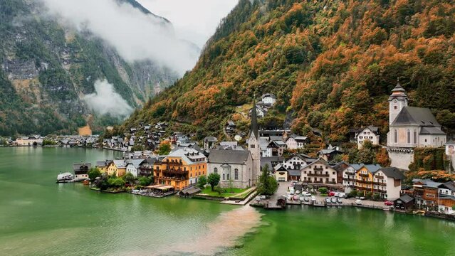 famous Austrian village of Hallstatt in autumn, aerial view of Hallstatt in Austrian a foggy morning, touristic landmark in Austria