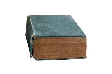 An old thick book with a green torn cover isolated on a white background with clipping path