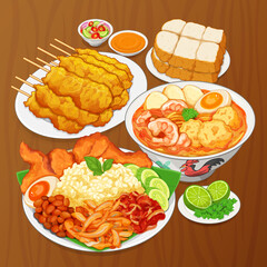 Famous pork satay melaka in malaysia menu close up. Asian basmati rice nasi lemak singapore food recipes. Laksa malaysian street food. Asian shrimps (prawns) laksa soup recipe. Asian foods menu set