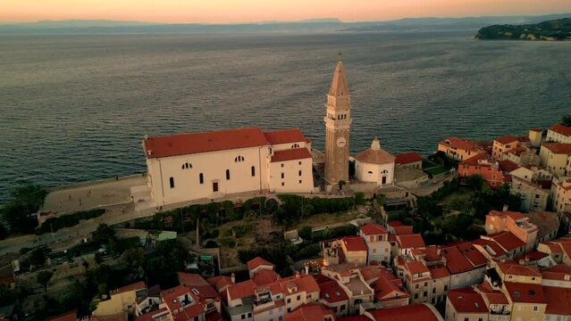 Aerial view of the old church by the sea in Piran, Slovenia