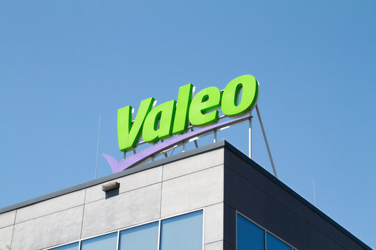 Valeo logo sign. French global automotive supplier, building with brand logotype signboard on August 5, 2022 in Skawina, Poland.