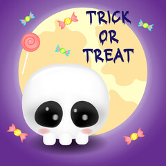 Halloween 3D skull with cute face and candy, vector illustration