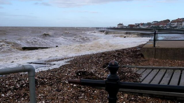 Beautiful shot on the beach of a Big waves during a storm in Herne Bay, Kent UK