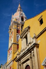 Low angle shot of the main facade of the Cathedral of Saint Catherine of Alexandria in Cartagena
